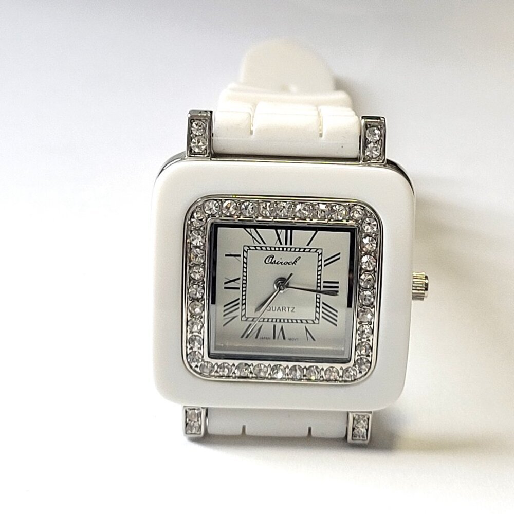OSIROCK White Quartz Watch Rhinestone Square Adjustable Silicone Band